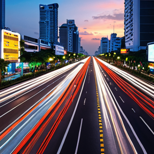**Smart City Streetscape:** A futuristic street scene in Bangkok at dusk. Self-driving cars navigate smoothly on a well-maintained road with clear lane markings. Overhead, smart streetlights and sensors monitor traffic and weather conditions. The background features modern architecture blended with traditional Thai elements. Emphasis on vibrant colors and advanced technology seamlessly integrated into the urban environment.