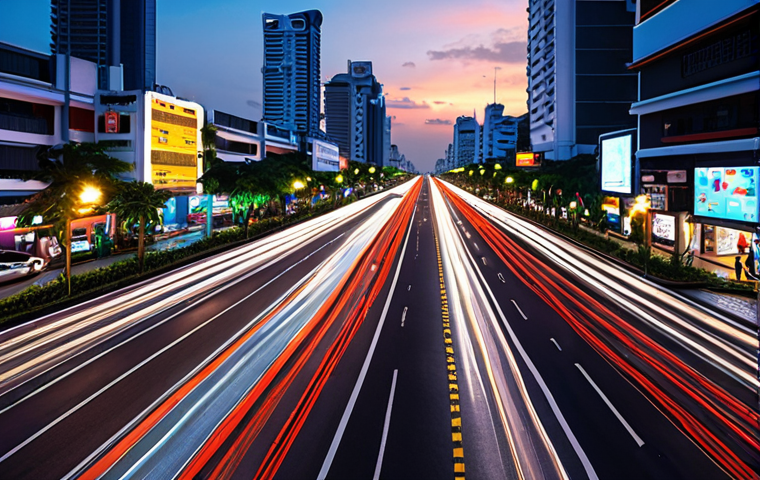 **Smart City Streetscape:** A futuristic street scene in Bangkok at dusk. Self-driving cars navigate smoothly on a well-maintained road with clear lane markings. Overhead, smart streetlights and sensors monitor traffic and weather conditions. The background features modern architecture blended with traditional Thai elements. Emphasis on vibrant colors and advanced technology seamlessly integrated into the urban environment.