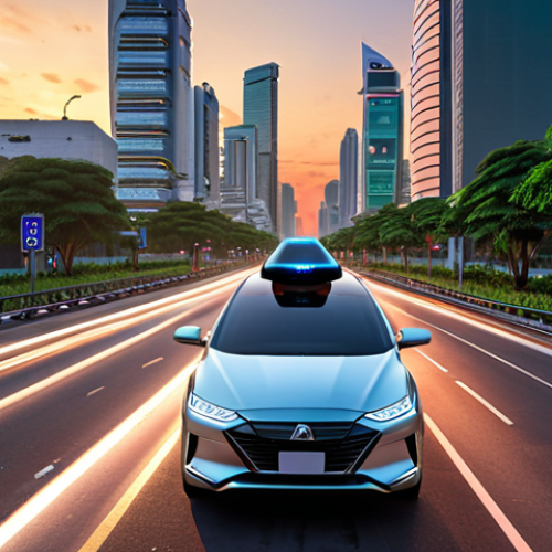**Autonomous Vehicle with ADAS:** "Futuristic self-driving car navigating a bustling Bangkok street at sunset, advanced driver-assistance systems displayed with a holographic interface, integrated into the modern cityscape with elevated highways and green spaces."