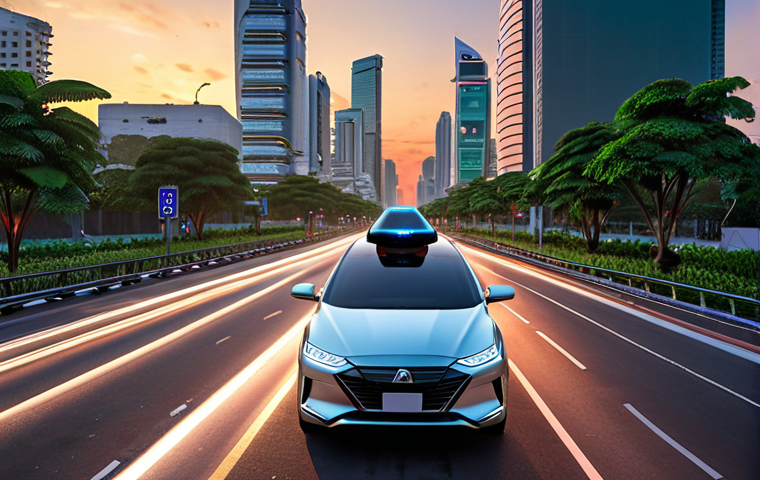 **Autonomous Vehicle with ADAS:** "Futuristic self-driving car navigating a bustling Bangkok street at sunset, advanced driver-assistance systems displayed with a holographic interface, integrated into the modern cityscape with elevated highways and green spaces."